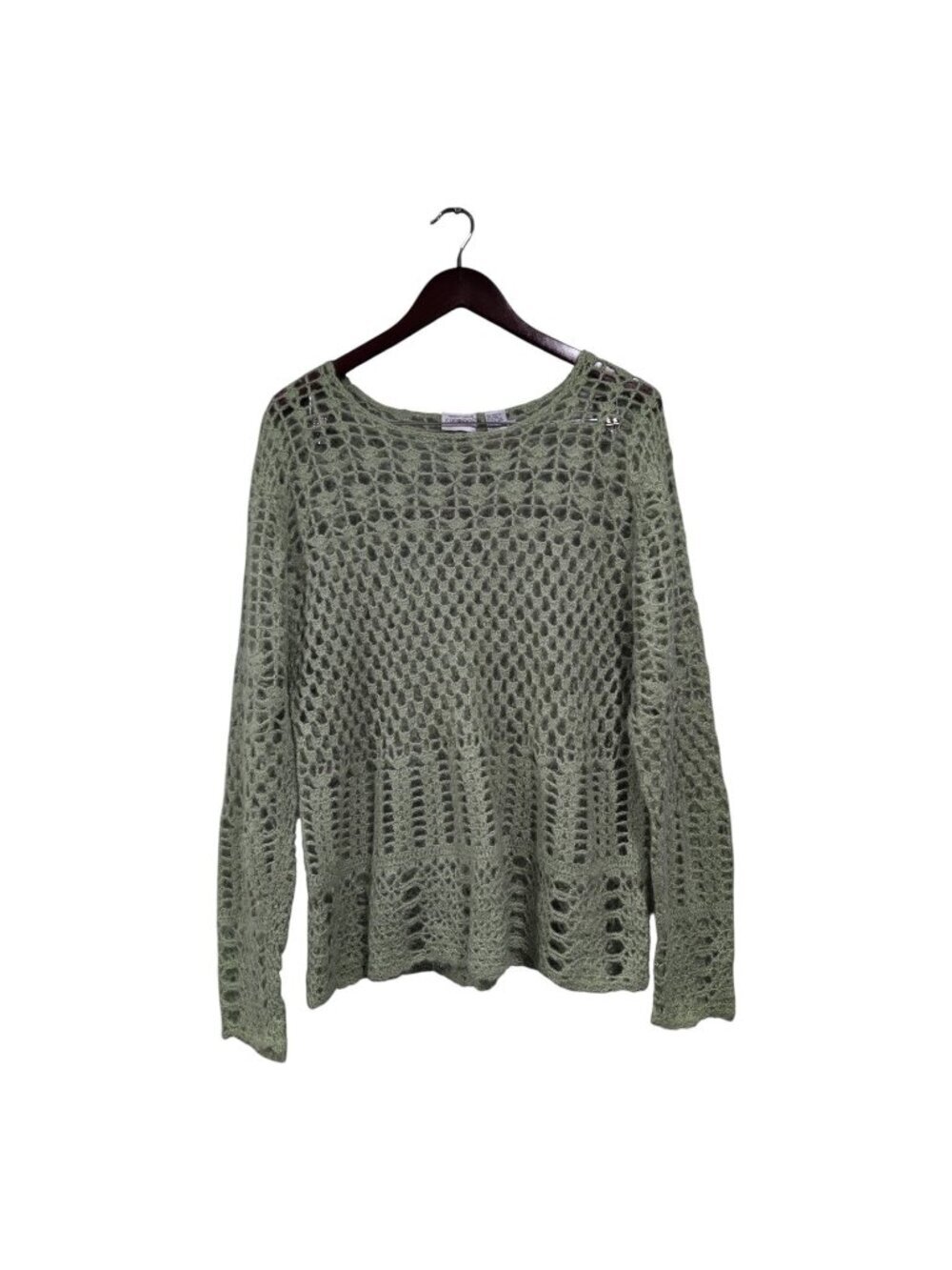 Vintage Newport News Jeanology Crochet Long-sleeved Knit Top Green Y2K Wool XL